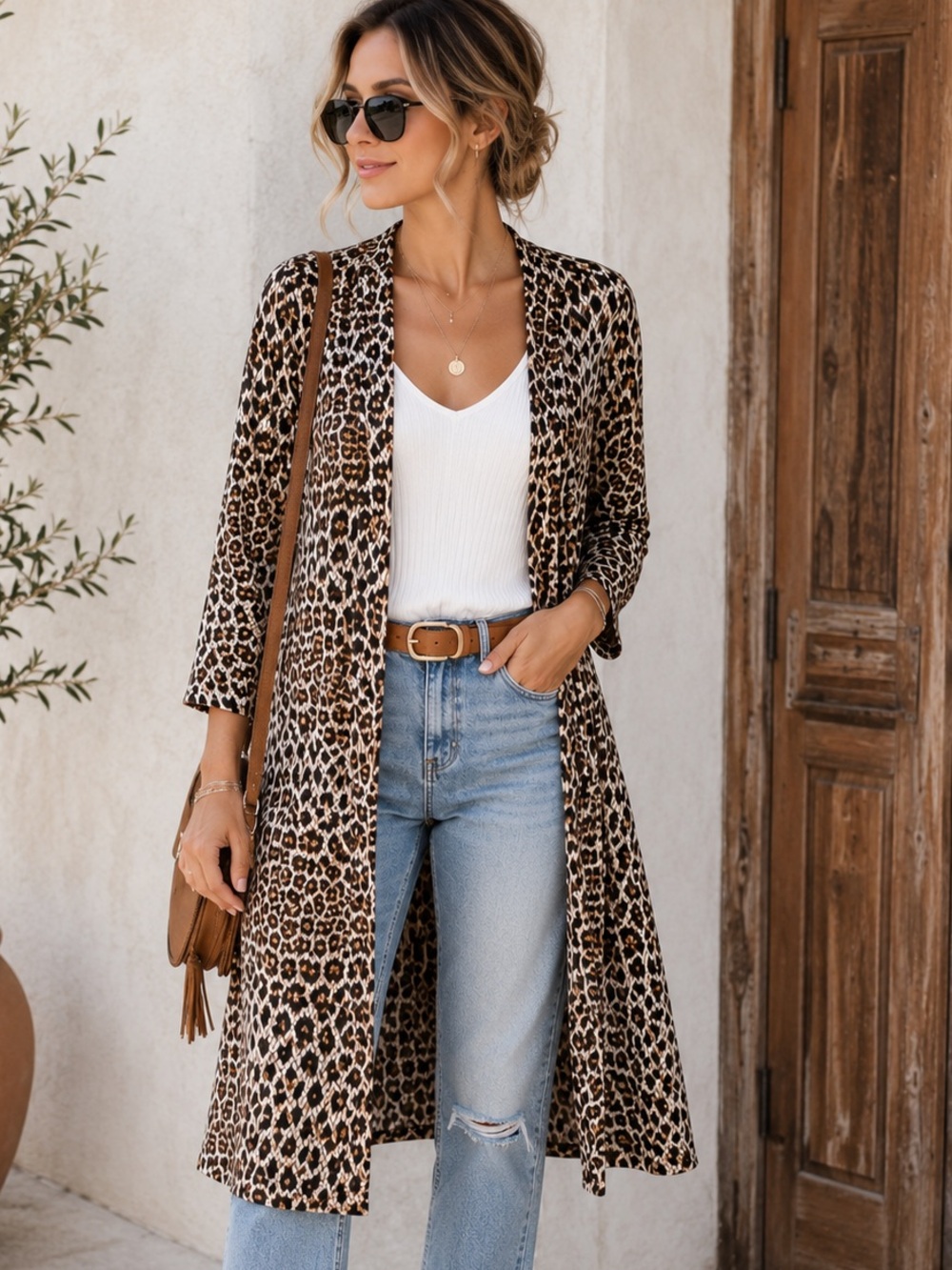 Susan Graver Leopard Print Duster Cardigan Medium Open Front Pockets